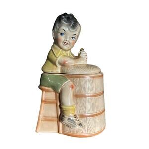Vintage Cookie Jar Boy Sitting Farmhouse Kitchen Decor Snack Storage Ceramic